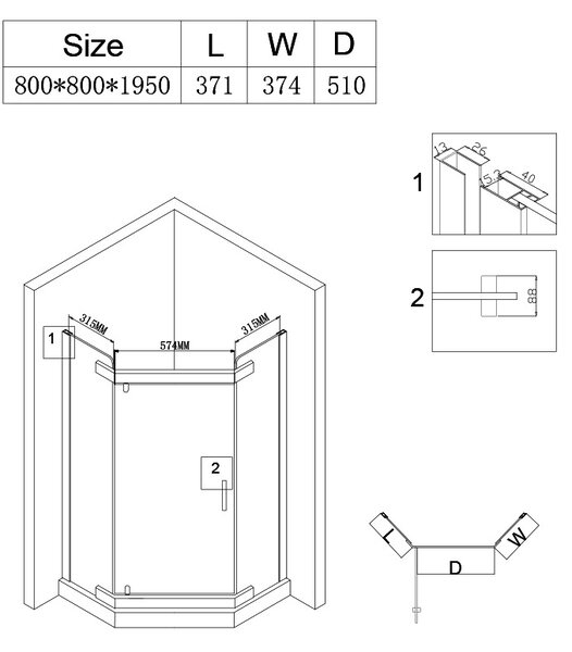 BPS-koupelny Pětiúhelníkový sprchový kout KZ91A BL 80x80 černá/transparent + vanička ST07A BL černá