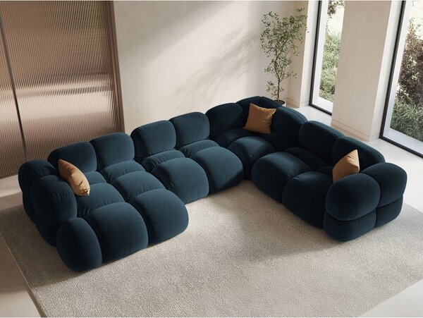 Tmavě modrá sametová rohová pohovka (pravý roh/do "U") Loretto – Cosmopolitan Design