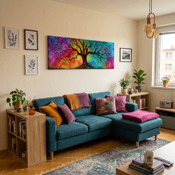 Obraz na plátně - Strom života Duhová obloha FeelHappy.cz Velikost obrazu (šířka x výška): 60 x 20 cm