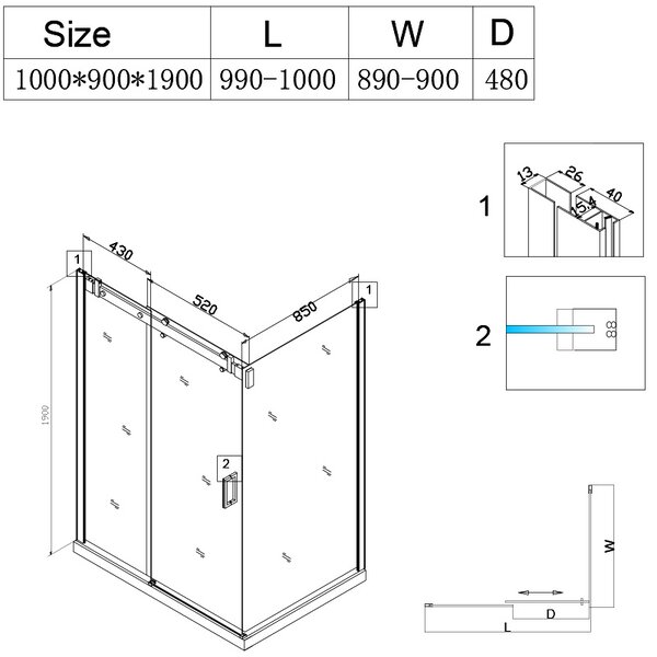 BPS-koupelny Obdélníkový sprchový kout KZ202A 100x90 chrom/transparent + vanička ST04A BL černá
