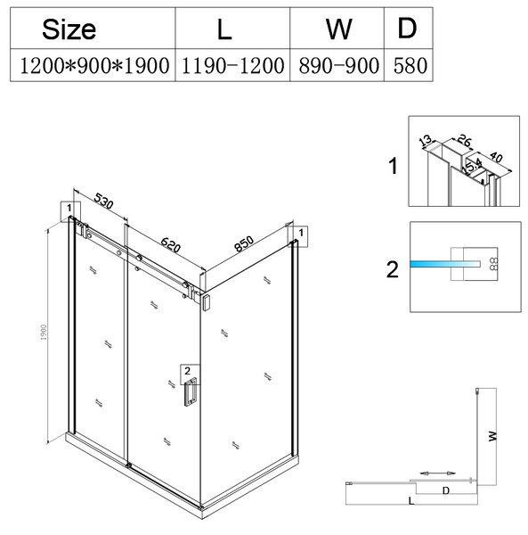 BPS-koupelny Obdélníkový sprchový kout KZ202C 120x90 chrom/transparent + vanička SXL04C BL černá