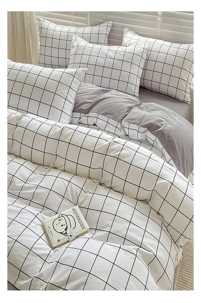 Bílo-šedé prodloužené povlečení na jednolůžko z bavlny Renforcé s prostěradlem/3dílné 160x220 cm Checkered – Mila Home