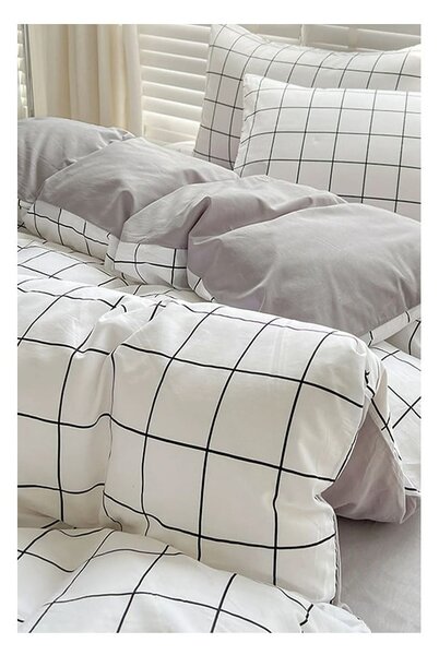 Bílo-šedé prodloužené povlečení na jednolůžko z bavlny Renforcé s prostěradlem/3dílné 160x220 cm Checkered – Mila Home