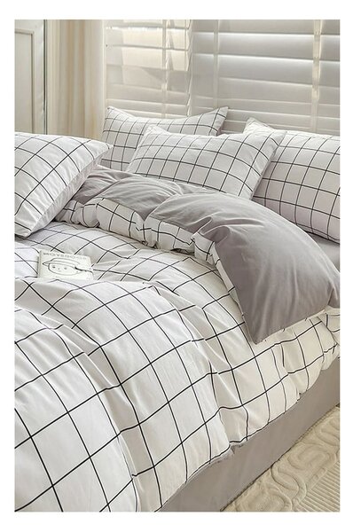 Bílo-šedé prodloužené povlečení na jednolůžko z bavlny Renforcé s prostěradlem/3dílné 160x220 cm Checkered – Mila Home