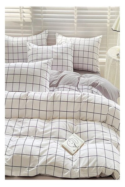 Bílo-šedé prodloužené povlečení na jednolůžko z bavlny Renforcé s prostěradlem/3dílné 160x220 cm Checkered – Mila Home