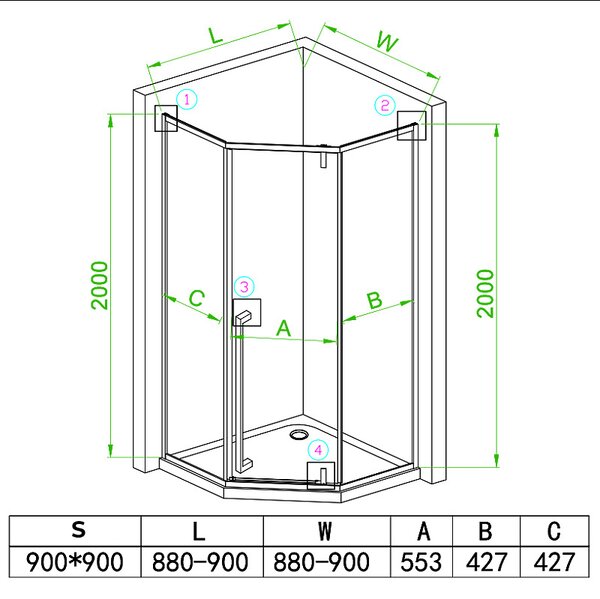 BPS-koupelny Pětiúhelníkový sprchový kout BS07B 90x90 černá/transparent + vanička SXL07B BL černá