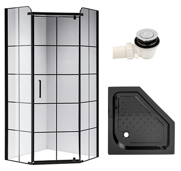BPS-koupelny Pětiúhelníkový sprchový kout BS06B 90x90 černá/transparent + vanička SXL07B BL černá