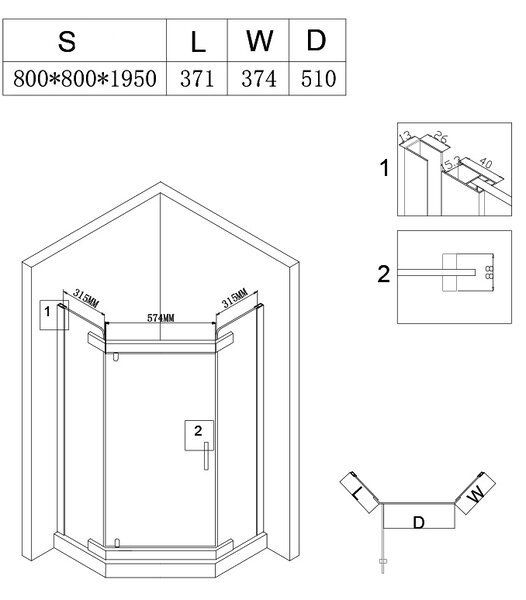 BPS-koupelny Pětiúhelníkový sprchový kout KZ91A BL 80x80 černá/transparent - bez vaničky