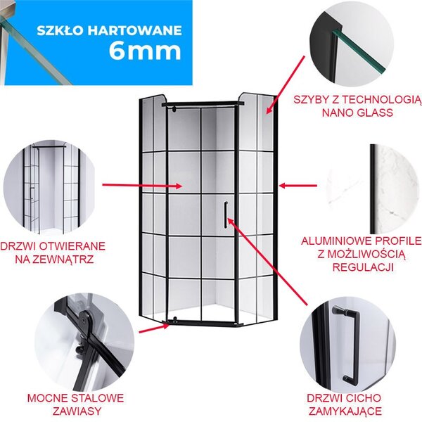 BPS-koupelny Pětiúhelníkový sprchový kout BS06B 90x90 černá/transparent - bez vaničky