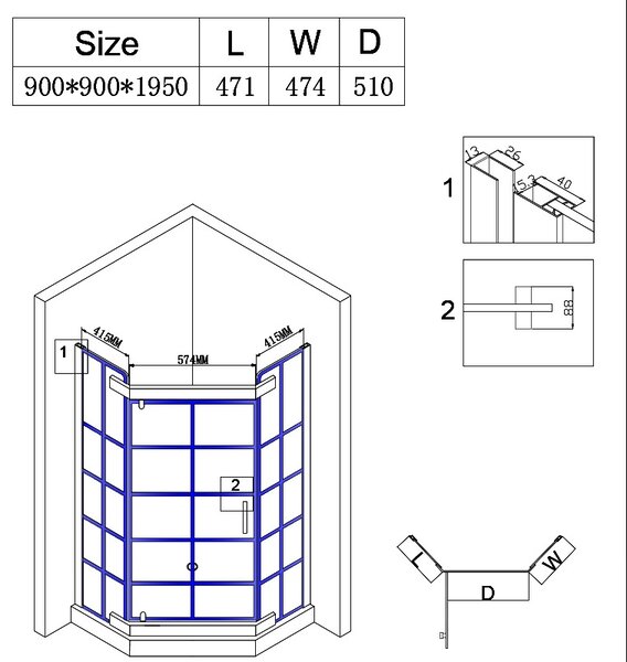 BPS-koupelny Pětiúhelníkový sprchový kout BS06B 90x90 černá/transparent - bez vaničky