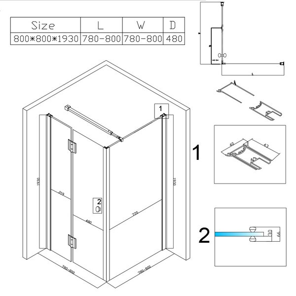 BPS-koupelny Čtvercový sprchový kout KZ1390A BL 80x80 černá/transparent + vanička ST02A WH bílá