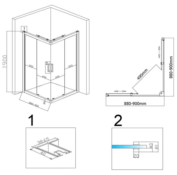 BPS-koupelny Čtvercový sprchový kout KZ102B 90x90 chrom/transparent + vanička RIKO BL černá