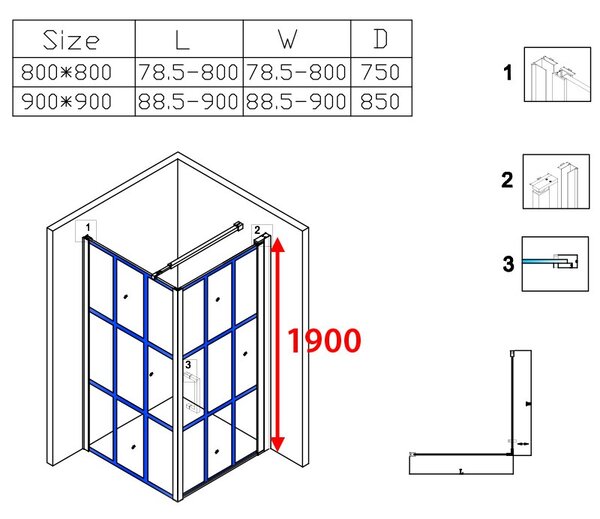 BPS-koupelny Čtvercový sprchový kout BS13B 90x90 černý/transparent + vanička SXL02B WH bílá