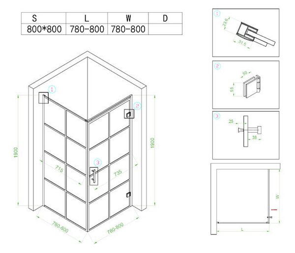 BPS-koupelny Čtvercový sprchový kout BS10A 80x80 černá/transparent + vanička ST02A WH bílá