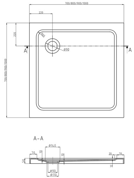 Mexen SLIM - Čtvercová sprchová vanička 80x80x5cm + zlatý sifon, černá, 40708080G