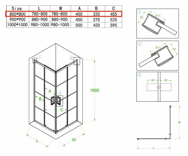 BPS-koupelny Čtvercový sprchový kout BL32A 80x80 černý/transparent - bez vaničky