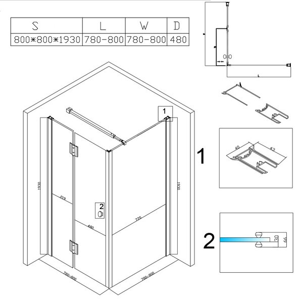 BPS-koupelny Čtvercový sprchový kout KZ1390A BL 80x80 černá/transparent + vanička ST02A BL černá