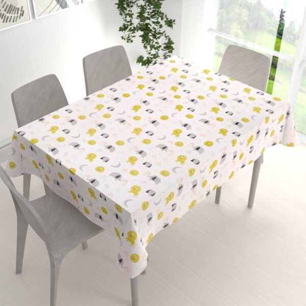 Biante Dětský bavlněný obdélníkový ubrus Sandra SA-649 Sloni a lvi na bílém 50x100 cm