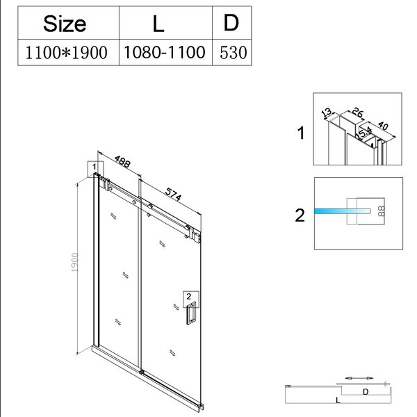 BPS-koupelny Posuvné sprchové dveře SH03C 110 černá/transparent pro instalaci do niky - bez vaničky