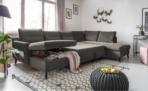 Tmavě šedá sametová rozkládací pohovka do "U" Miuform Stylish Stan, pravý roh