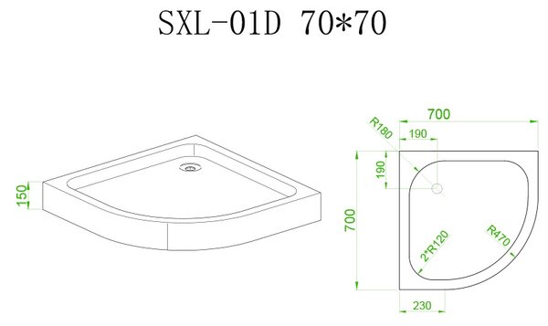 BPS-koupelny Čtvrtkruhová akrylátová sprchová vanička SXL01D WH 70x70 bílá