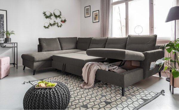 Tmavě šedá sametová rozkládací pohovka do "U" Miuform Stylish Stan, levý roh
