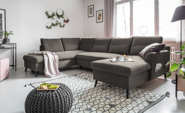 Tmavě šedá sametová rozkládací pohovka do "U" Miuform Stylish Stan, levý roh