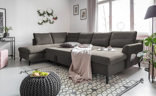 Tmavě šedá sametová rozkládací pohovka do "U" Miuform Stylish Stan, levý roh