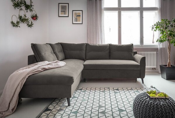 Tmavě šedá sametová rozkládací rohová pohovka Miuform Stylish Stan L, levý roh