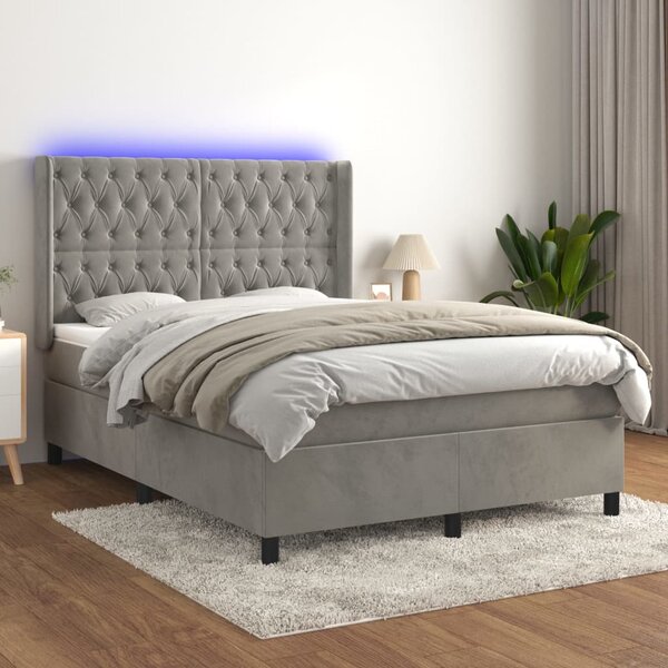 Box spring postel s matrací a LED světle šedá 140x190 cm samet 3139739