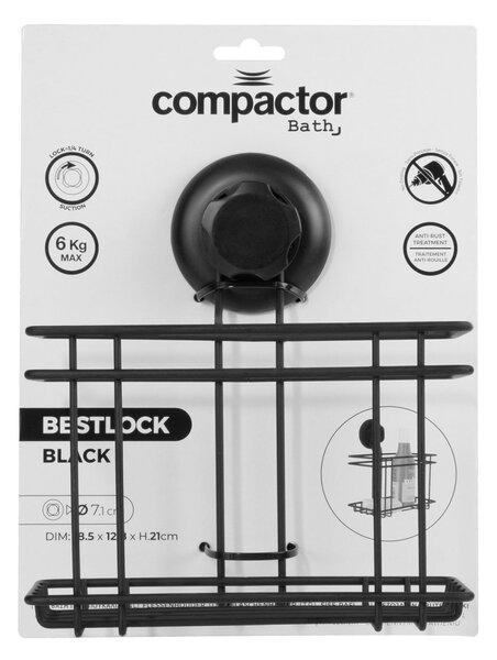 Malá polička do koupelny Compactor Bestlock Black s přísavkou -bez vrtání, nosnost až 6 kg