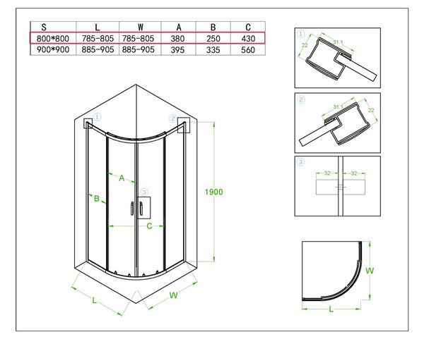 BPS-koupelny Čtvrtkruhový sprchový kout KZ94A 80x80 bílá/transparent - bez vaničky