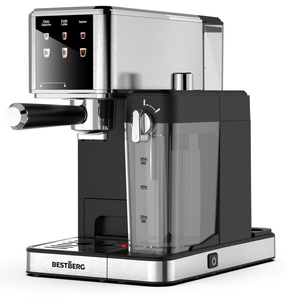 Pákový espresso kávovar s napěňovačem mléka BestBerg BBCF-2032 / 1350 W / 1,2 l / 20 bar / stříbrná/černá