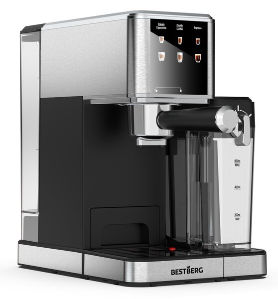 Pákový espresso kávovar s napěňovačem mléka BestBerg BBCF-2032 / 1350 W / 1,2 l / 20 bar / stříbrná/černá