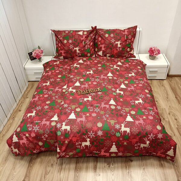 Povlečení bavlněné Vánoční povlečení Sváteční mix červený TiaHome - 1x Polštář 90x70cm, 1x Přikrývka 140x200cm