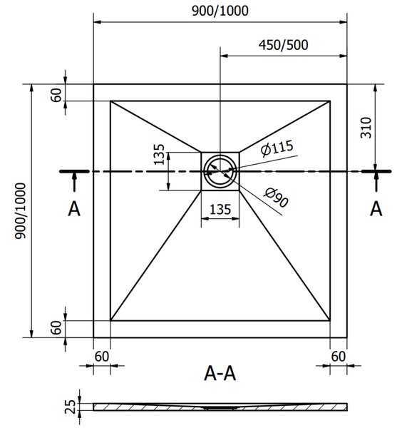 Mexen Stone+, čtvercová vanička z minerálního kompozitu 90 x 90 cm, bílá, 44109090