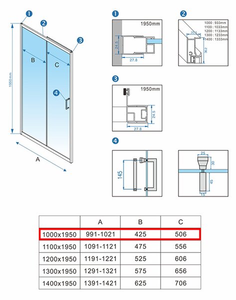 BPS-koupelny Posuvné sprchové dveře ZES KZ A BL 100 černá/transparent pro instalaci do niky - bez vaničky