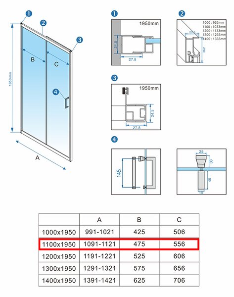 BPS-koupelny Posuvné sprchové dveře ZES KZ B 110 chrom/transparent pro instalaci do niky - bez vaničky