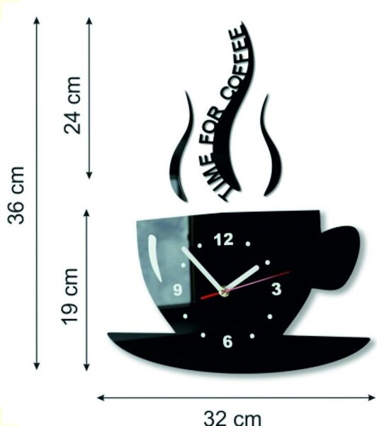 Nástěnné hodiny šálek | COFI: Černá Ral 9005 Stříbrné ručičky 2320-56518 FL-z16