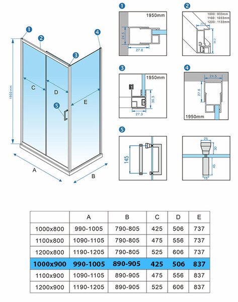 BPS-koupelny Obdélníkový sprchový kout KZ104A BL 100x90 černá/transp. + vanička ST04A bílá