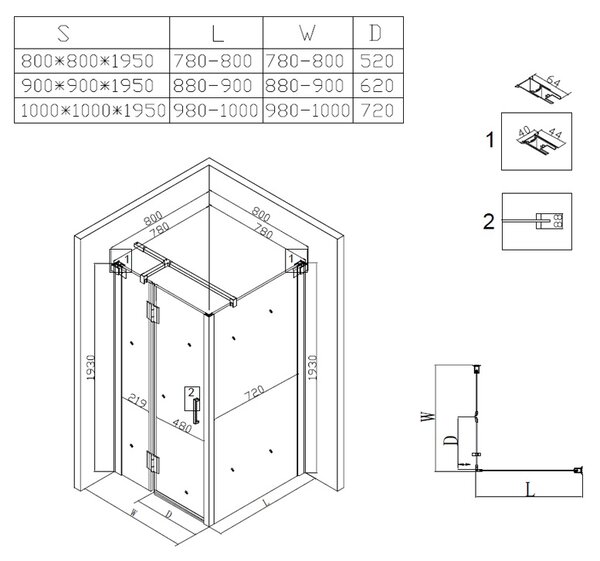 BPS-koupelny Čtvercový sprchový kout ZES KZ1390A BL 80x80 černá/transparent - bez vaničky