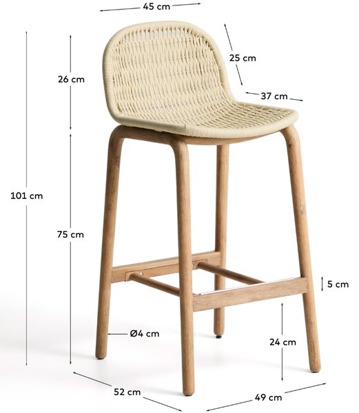 Kave Home Dřevěná zahradní barová židle Alipa 75 cm s béžovým výpletem