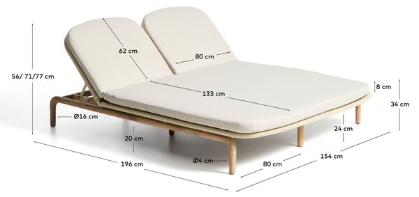 Kave Home Dřevěné zahradní dvojlehátko Alipa s béžovým výpletem