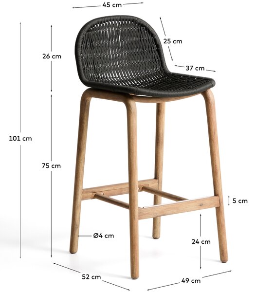 Kave Home Dřevěná zahradní barová židle Alipa 75 cm s tmavě šedým výpletem
