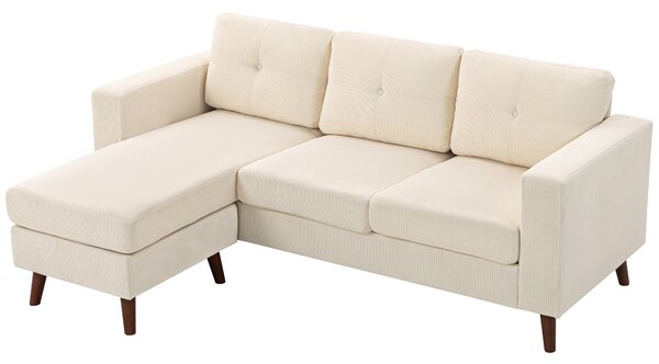 HOMCOM 3místná rohová sedačka L s přestavitelným chaiselongem, manšestrové čalounění — krémově bílá (192 × 137 × 84 cm) | Aosom