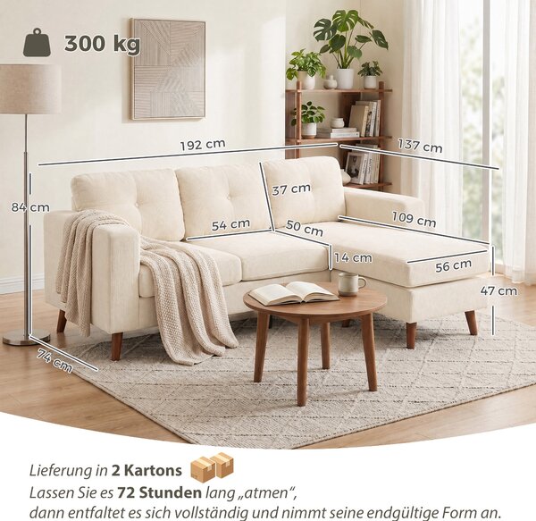 HOMCOM 3místná rohová sedačka L s přestavitelným chaiselongem, manšestrové čalounění — krémově bílá (192 × 137 × 84 cm) | Aosom