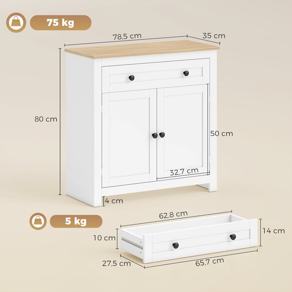 HOMCOM komoda do kuchyně se zásuvkou, dvířky a nastavitelnou policí, bílá s dubovým dekorem — 78,5 × 35 × 80 cm | Aosom