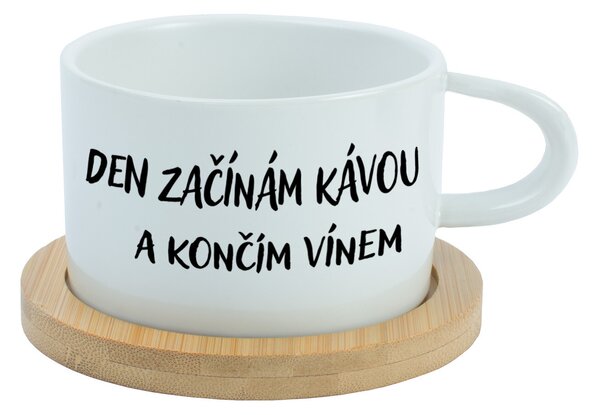 DEN ZAČÍNÁM KÁVOU A KONČÍM VÍNEM - bílý hrníček makronka 200 ml