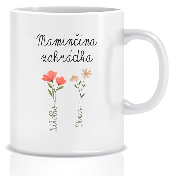 Personalizovaný klasický bílý keramický hrníček 300 ml - maminčina zahrádka