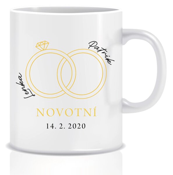 Personalizovaný klasický bílý keramický hrníček 300 ml - prstýnky a datum